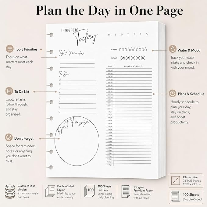 Classic 9-Disc Daily Planner Inserts, Discbound Undated Planner Refill Pages with To Do List, Hourly Schedule & Reminders, 100 Double-Sided Sheets, 100gsm White Paper, 7 x 9.25 in
