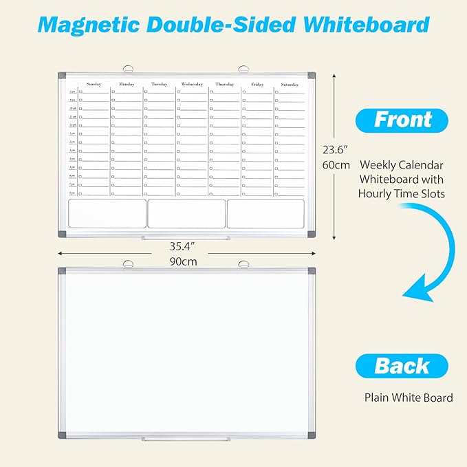 ONAVIA Weekly Calendar Whiteboard for Wall, 36" x 24" Big Dry Erase Board, Hanging Double-Sided White Board with Hourly Slots, for Planning, Memo, to Do List, Home, Office