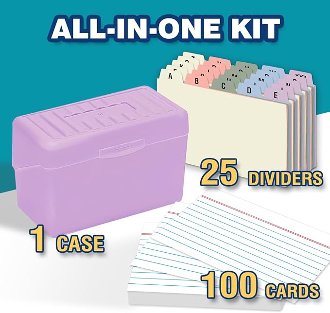 H4D 3x5 Index Card Holder with 100 Heavyweight Ruled Index Cards and 25 Plastic Dividers, Light Purple