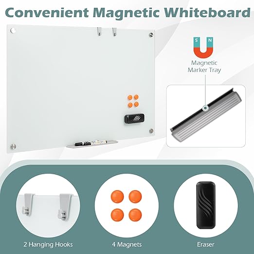 Goplus Magnetic Glass Whiteboard, 36" x 24" Wall Mounted White Board with Eraser, Accessory Tray, 2 Markers, 4 Strong Magnets, 2 Hanging Hooks, Frameless Glass Dry Erase Board for Office, School, Home