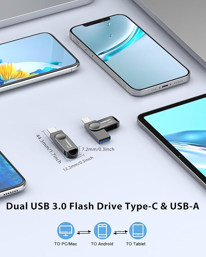 Vansuny Dual USB C Flash Drive 128GB USB 3.0 2-in-1 Type C + Type A Thumb Drive UDP-Tech Waterproof Metal Pen Drive Portable OTG Flash Drive