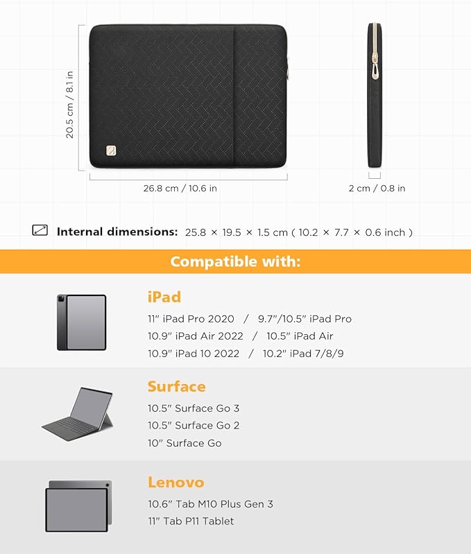 NIDOO 10 Inch Laptop Tablet Sleeve Carrying Case Bag for 11" 10.9" iPad Air Gen 4 5/10.9" 10.2" iPad 10/11" iPad Pro M4 / 10.5" Microsoft Surface Go 3 2 / Samsung Galaxy Tab A8 S8 S6 / Huawei