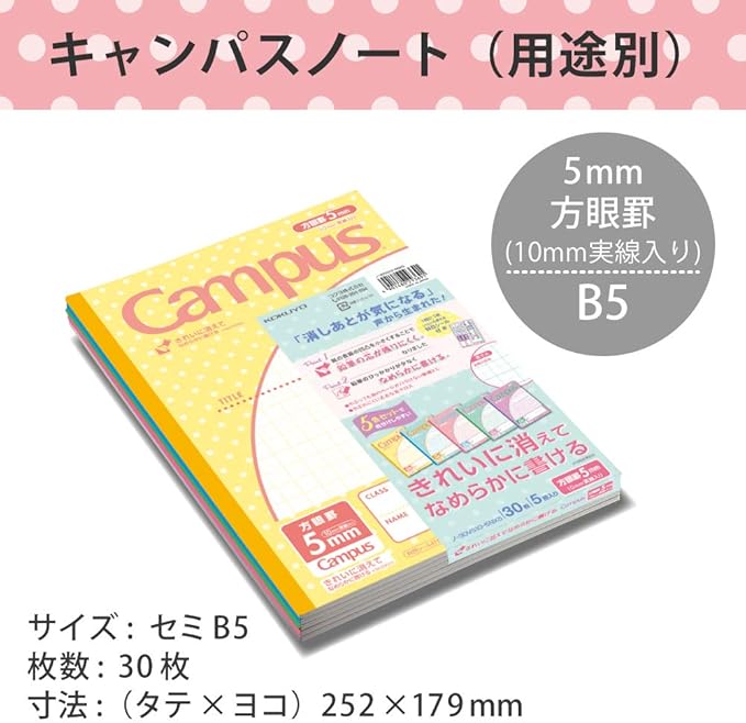 KOKUYO Campus Notebook, Easy Erasing, Semi-B5, 5mm(0.2in) Grid Ruled, 0.4 inch (10 mm) Solid Line, 30 Sheets, Pack of 5, Water Drop Pattren, Japan Import (NO-30VS10-5NX5)