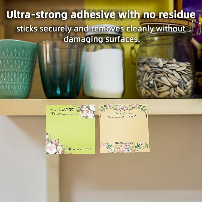 Floral Bible Verse 4-Pad/200 Sheets 3x3 Sticky Notes Set, Adorable Memo Pads with High-Adhesive, Reusable Tearable Post it Notes for Journal Planners Office School Home, Bulk Stationery Gift