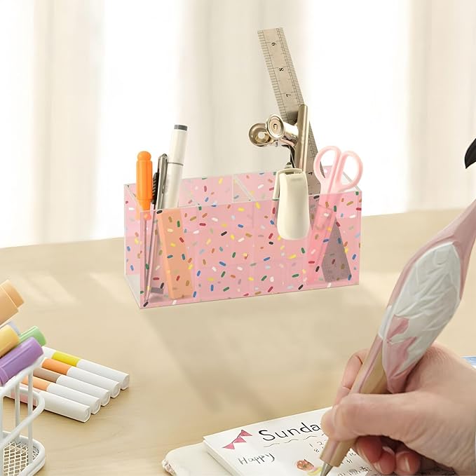 Aslsiy Colorful Confetti Sprinkle Pink Pen Holder for Women 4 Compartments Acrylic Pencil Holder Clear Makeup Brush Holder Desk Organizer Office Supplies