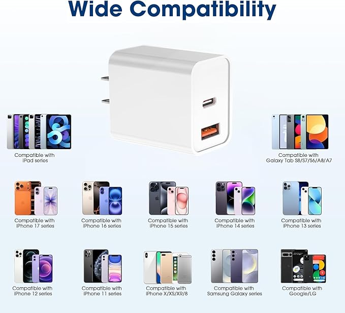 USB C Charger Block for iPhone,20W Dual Port Fast Wall Charger,USB C & USB A Power Adapter Type C Charging Brick Plug for iPhone Air/17 Pro Max/17e/16e/16 ProMax/16Plus/15/14/13/12/11,iPad Pro,AirPods