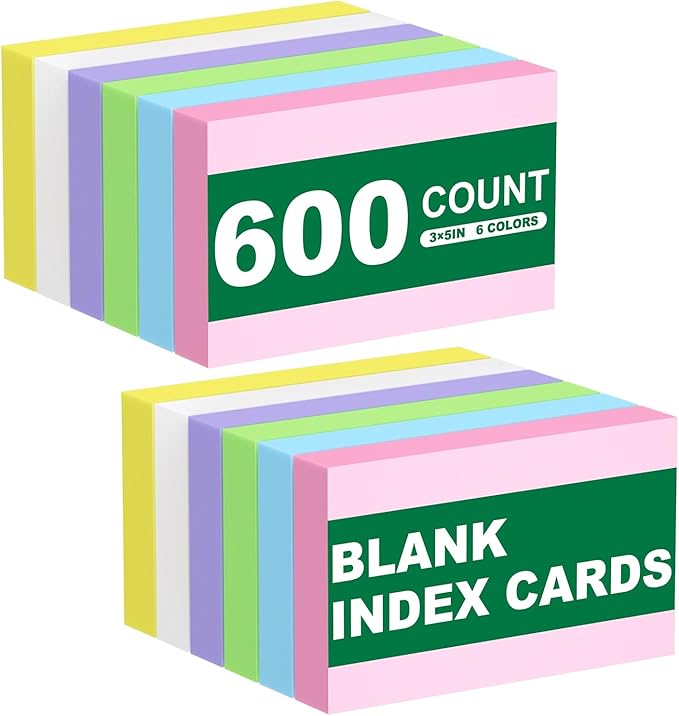 600 PCS 3x5 Index Cards Blank Study Flashcards 3 x 5 Colored Index Cards Bulk, Colorful Study Cards Blank Flash Cards Blank 3 by 5 Index Card Cue Notecards Receipt Note Card for School Office Home