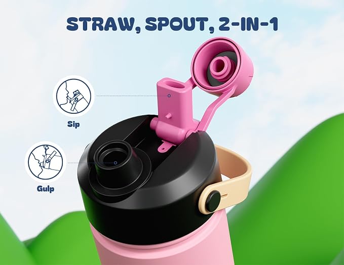 12 oz Kids Water Bottle for Girls: 2-in-1 Straw Spout Lid, Leakproof, Durable Straw Spout Lid, 24H Cold, Easy Carry, Insulated Stainless Steel Cup for School, Travel, Camping, Daily (Polka Whimsy)