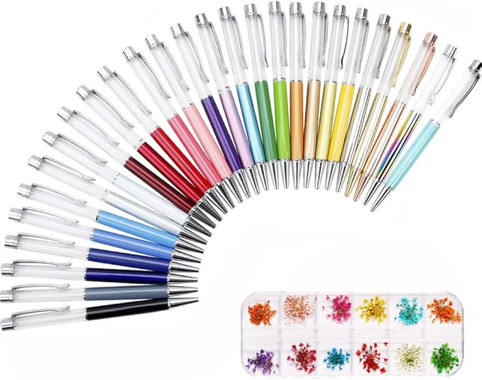 27 Pack Colorful Empty Tube Floating DIY Pens, with 12 Kinds of Dried Flowers for Storage, Building Your Favorite Liquid Sand Pens Gift