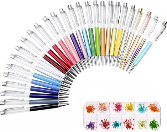 27 Pack Colorful Empty Tube Floating DIY Pens, with 12 Kinds of Dried Flowers for Storage, Building Your Favorite Liquid Sand Pens Gift