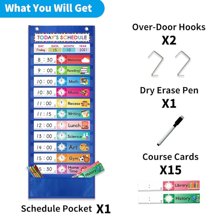 Daily Schedule Pocket Chart. Kids Chart with 15Reusable Dry-Eraser Schedule Dry-Eraser Cards 13+1 Pockets. for Classroom & Home (Blue)