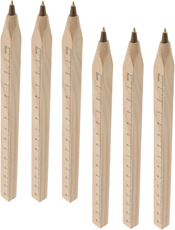 Kichvoe 6pcs Black Wooden Ballpoint Pens with Ruler Print, Natural Biodegradable Carpenter Marking Pens for Engineering Drawing and Woodwork Measurement