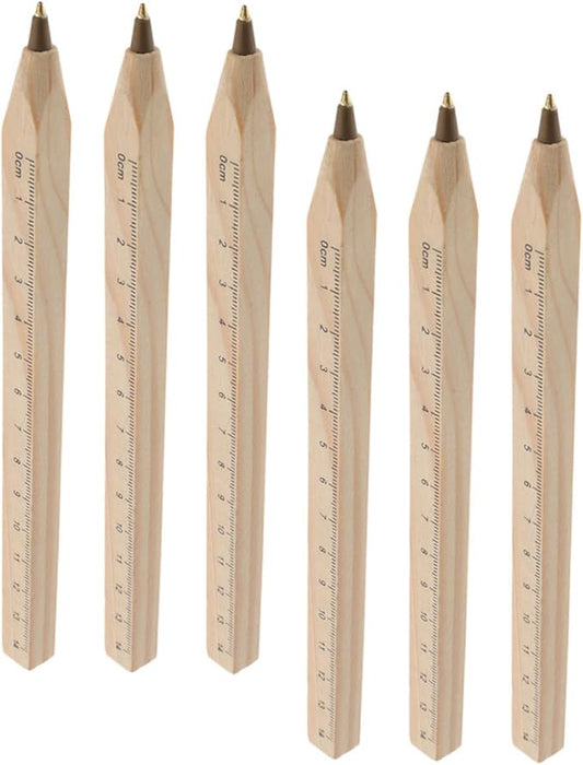 Kichvoe 6pcs Black Wooden Ballpoint Pens with Ruler Print, Natural Biodegradable Carpenter Marking Pens for Engineering Drawing and Woodwork Measurement