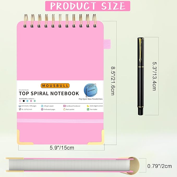 Top Spiral Notebook, A5 Hardcover Top Bound Steno Pads, 240 Pages 100gsm College Ruled Left Handed Notebook Journal for Work, School, Meeting Writing - Pink, 5.9" x 8.5"