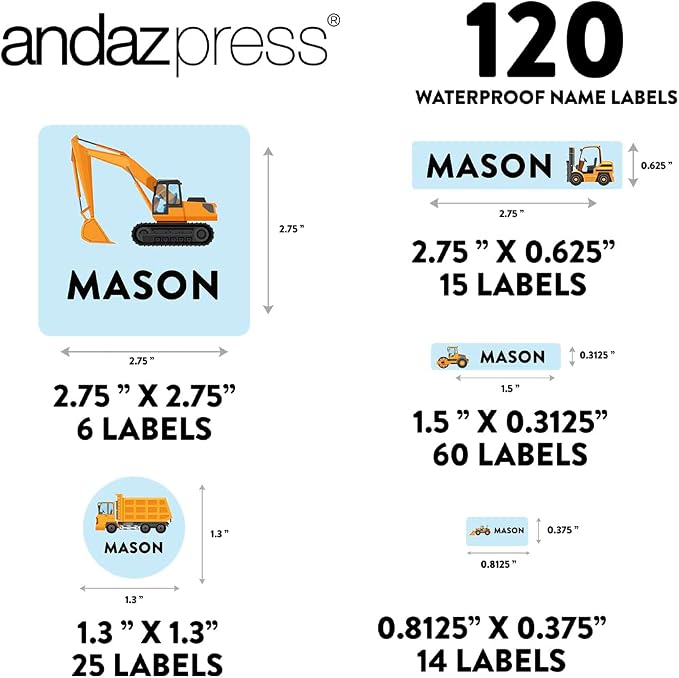 Andaz Press Custom Personalized Waterproof School Name Labels, Construction, 120-Pack, Kids Labels Combo Pack, Customizable Multi-Use Name Stickers for Preschool, Daycare, Supplies, Office, Camping