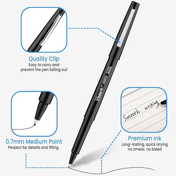VEESA Felt Tip Pens Black, 32 Pack, Medium Point (0.7mm), Smooth Writing