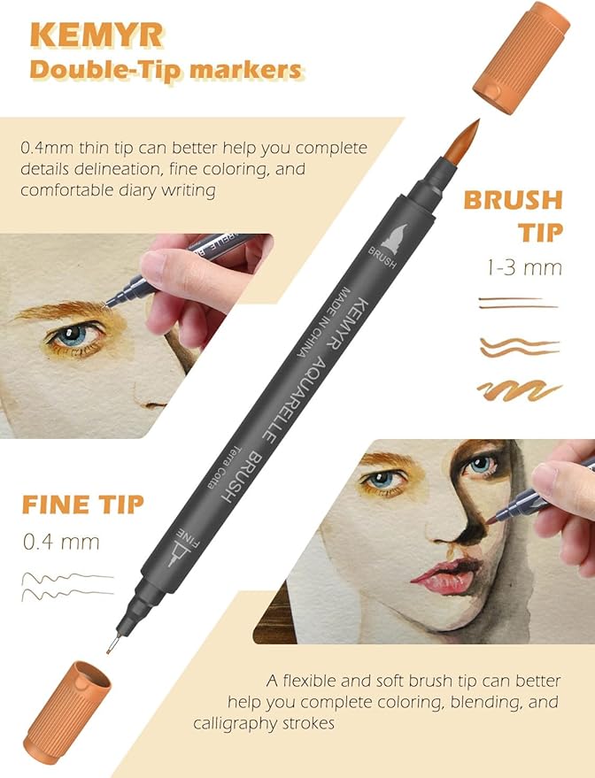 KEMYR Markers for Adult Coloring Books: 36 Color Dual Tip Fine & Brush Pens Water-Based Coloring Marker for Adults Drawing Sketching Bullet Journal Writing Lettering No bleeding