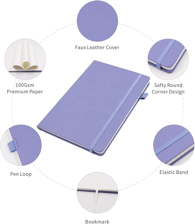 Lined Journal Notebooks with Pen Loop, Hardcover Notebook Journal for Work, 100Gsm Premium Thick Paper with Inner Pocket, Medium 5.7"x8.4", （Purple, Ruled）