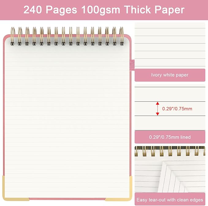 A4 Top Spiral Notebook, Large Leather Hardcover Top Bound Steno Pads, 240 Pages 100 gsm Thick Lined Paper Left Handed Notebook Journal for Work, School, Meeting Writing - Pink, 8.5" x 11"