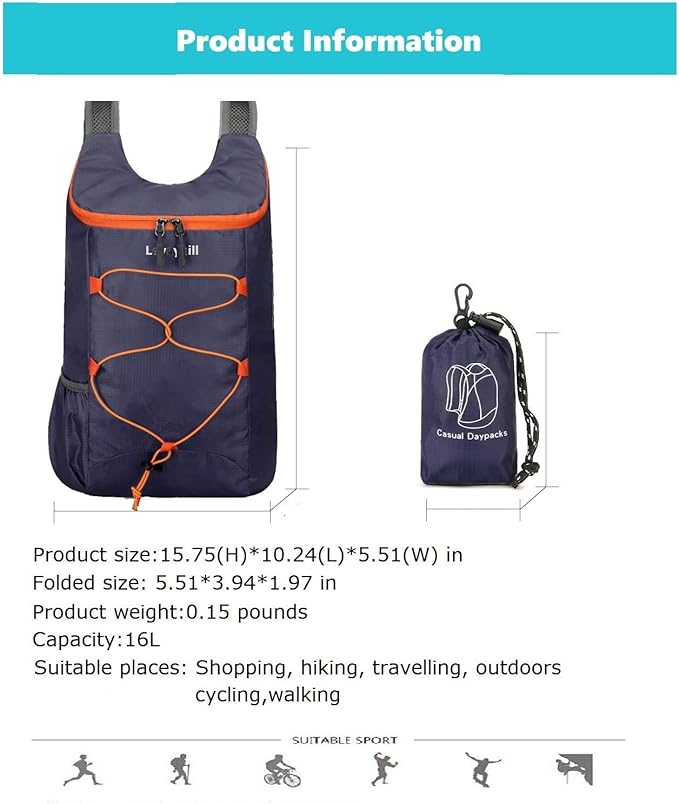 levayhill 16L Lightweight Foldable Hiking-Backpack Small Packable-Daypack For Travel,Ultralight Water-Resistant Gym Bag Men Women Easy Carry-on (Dark Blue)