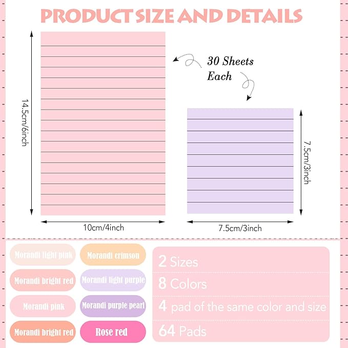 Yexiya 64 Pcs Lined Sticky Notes Self Stick Notes with Lines Bright Assorted Colors Sticky Pad for Home Office Products Post Memos, 1920 Sheets(4 x 6 Inch, 3 x 3 Inch,Pastel Color)