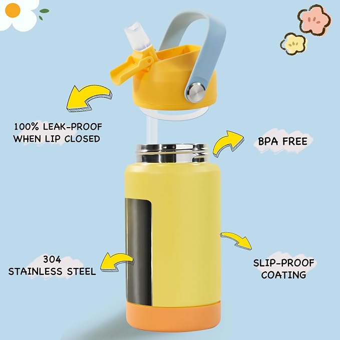 Kerilyn 12oz Kids Water Bottle, Stainless Steel Insulated Water Bottle For Kids, Toddler Cup With Straws Leak-proof, Kids Water Bottles For School Boys Girls, BPA Free, Yellow