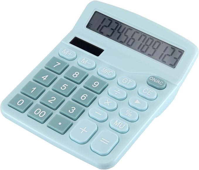 Desk Calculator 12 Digit Office Calculators with Large Screen Display, Dual Solar Power and Battery, Recessed Big Button Calculator for Office Home School（Blue）