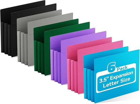 Ansook Poly 3.5”Expandable File Pockets,6 Pack Extra Capacity File Pockets Folders,Letter Size File Pockets,Heavy Duty File Pocket with Straight-Cut Tab,Holds 8.5" x 11" documents & Manila Folder