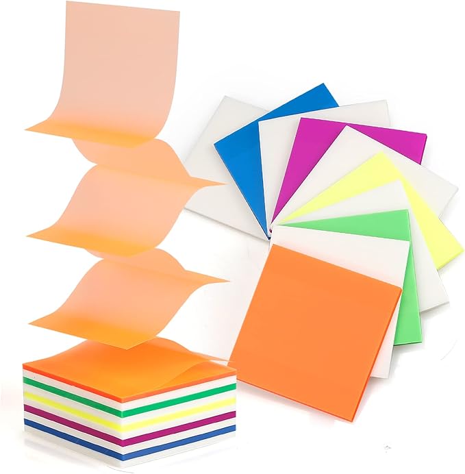 10 Pads Pop Up Transparent Sticky Notes, 500 Sheets 3x3 inch Clear See Through Translucent Sticky Notes 6 Bright Colorful Pop-Up Pads Match Post Dispenser Office School Home Supplies
