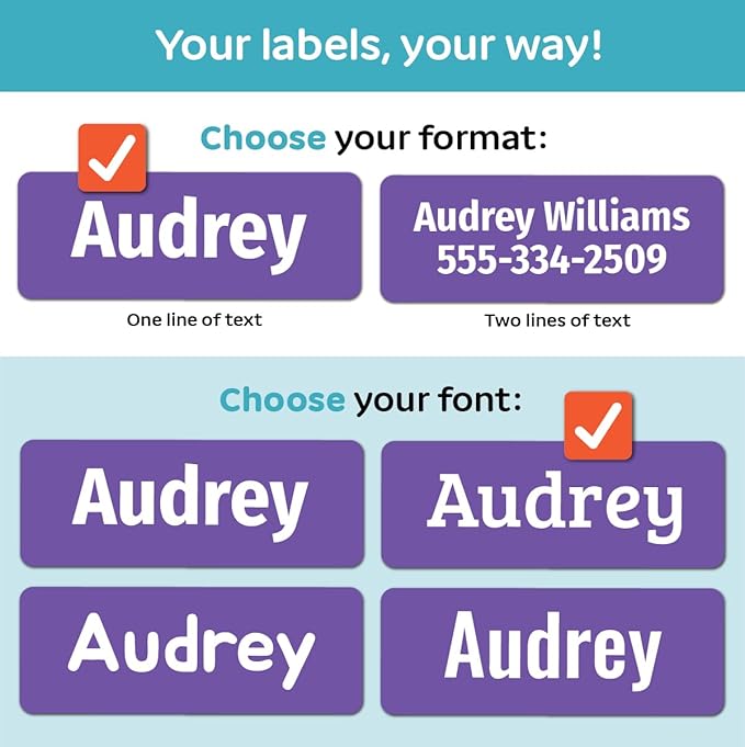 Kids Personalized Name Labels for School, Camp, Daycare (128 Labels) Custom Peel and Stick Waterproof Name Tags Stickers for Water Bottles, Lunch Boxes, Clothing, School Supplies (Hot Colors)