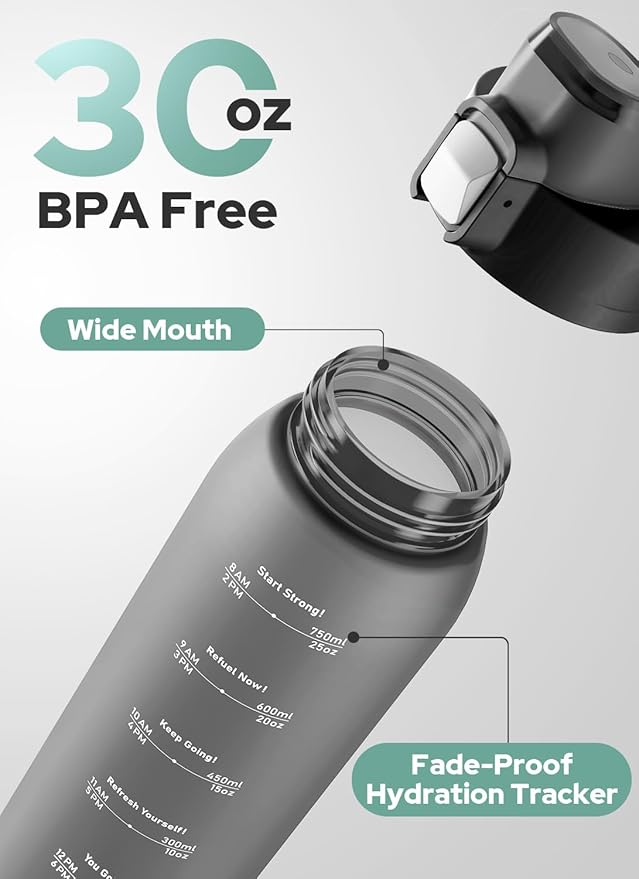 Opard Zip 30oz Plastic Water Bottle Dishwasher Safe, Leakproof Flip-Top Lid, BPA Free Tritan, Wide Mouth Reusable Sports Water Bottle for Gym Hiking Commuting Outdoor Travel and School