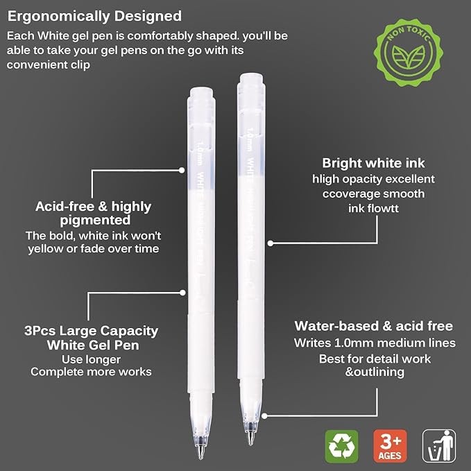 Brusarth White Gel Pen Set, 1mm Gel Ink Pens Opaque White Archival Ink Pens for Black Paper Drawing, Sketching, Illustration, Card Making, Bullet Journaling,3 Pack