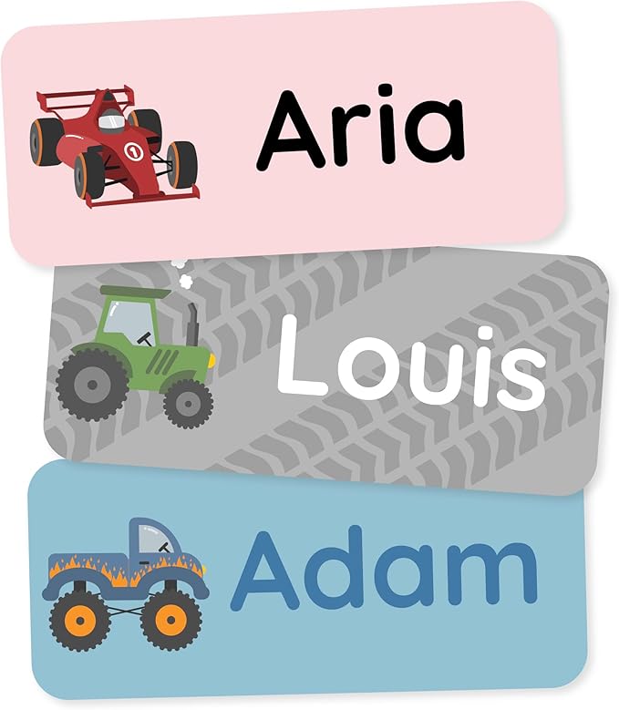 Personalized Name Labels for Kids (180) – Custom Waterproof & Durable Stickers for Clothing, Daycare, Office & School Supplies - Motor