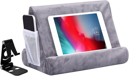 2pcs Multi-Angle Tablet Holder Cushion Stand with Net Pocket & Black Color Phone Stands Upgraded Tablet Pad Support for Phone,Pad,Books (Grey)