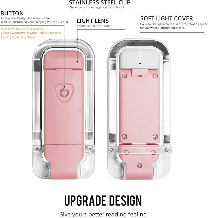 EGWASER Book Reading Light, Portable USB Rechargeable LED Clip on Book Lights for Reading in Bed, 3 Brightness Adjustable Dimmable Bookmark Light for Eye-Protection, Reading Lamp(Pink)