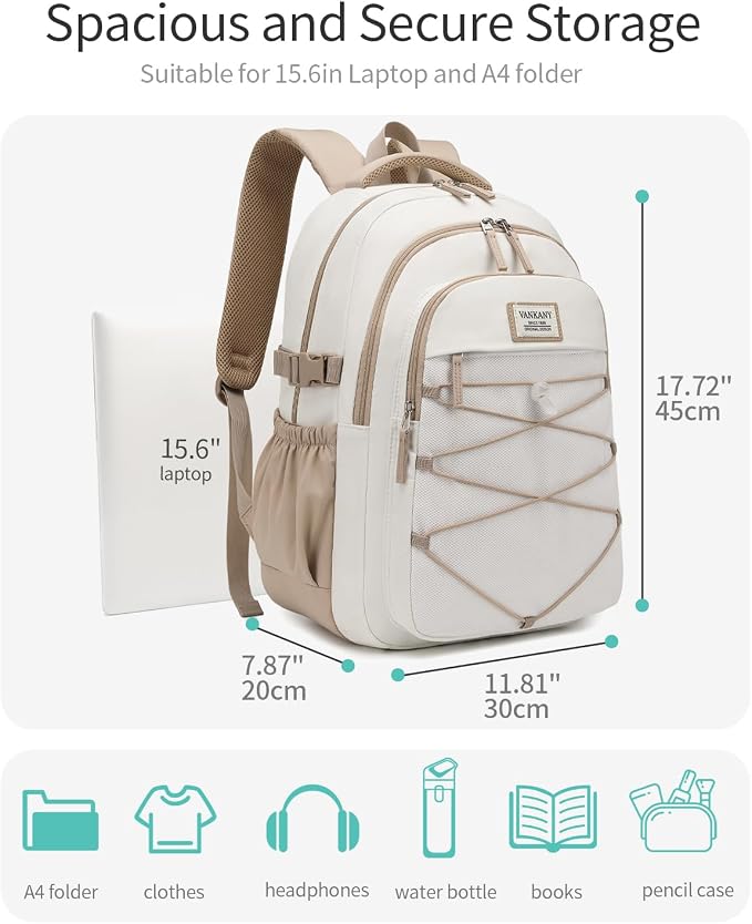 Teen Backpack for Girls, Women Bookbag for College Students Middle High School, Aesthetic Schoolbag Back Pack, White Khaki