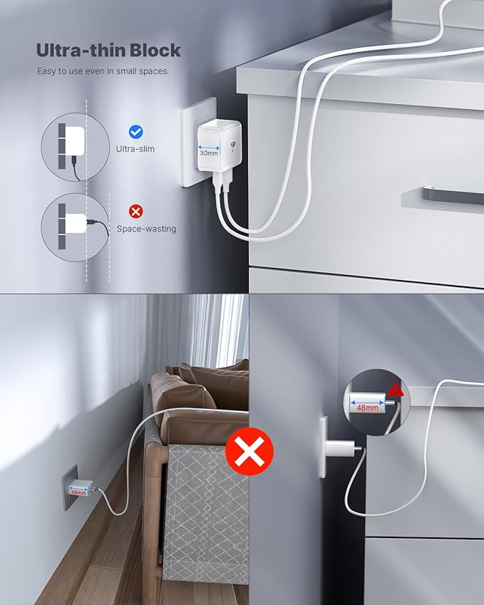 2-Pack 40W Flat USB C Charger Block Slim Wall Charger Multiple Ports Fast Charging Adapter with PD & QC 3.0 Compatible with iPhone 16 15 14 13 12 11 Pro Max XS XR 8 7 Samsung Galaxy iPad and More
