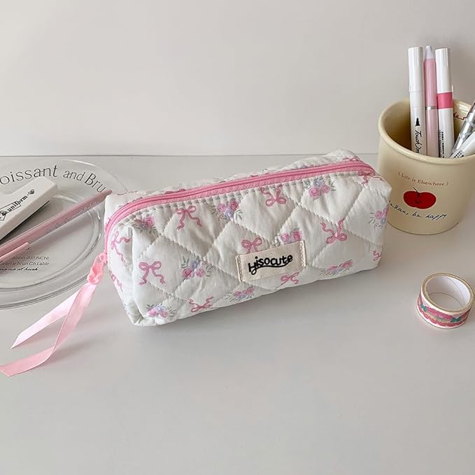 Carry bloom Pencil Pouch Cute Pencil Case for Girls Aesthetic Pencil Bag with Zipper Pen Cases School Supplies Makeup Bag (bow flower pink)