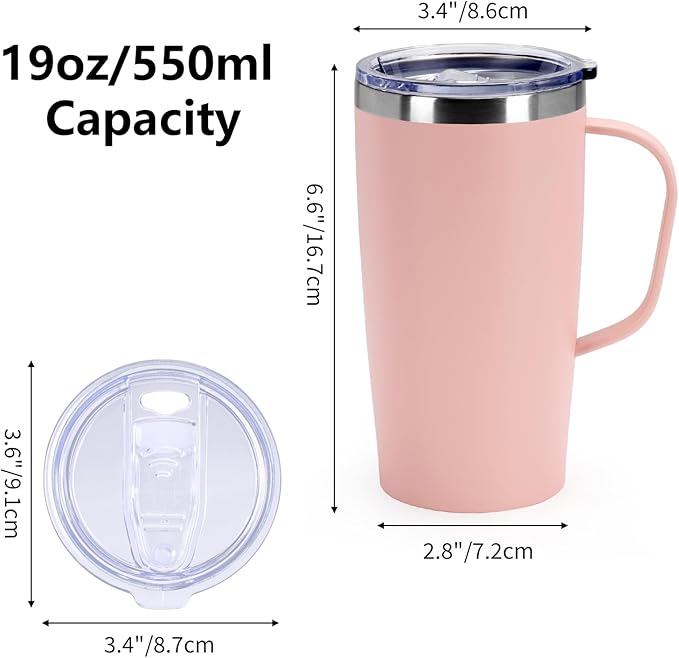 MEBRUDY 19oz Insulated Coffee Mug with Lid, Stainless Steel Double Wall Vacuum Travel Coffee Mug with Handle, Pink