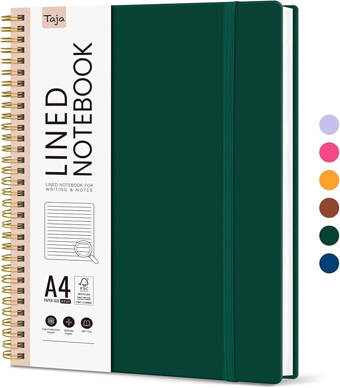 Taja Spiral Lined Notebook, 8.5"x11" Notebooks for Work, Large A4 Journal for Women & Men, College Ruled Journaling Notebook for Writing, Plastic Cover Spiral Journal, Dark Green