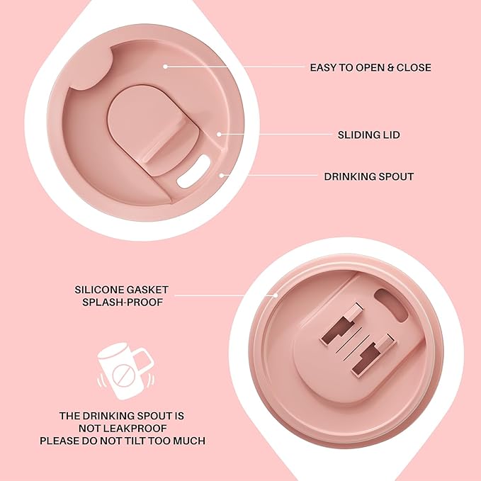 Ideus Vacuum Insulated Coffee Mug, 16oz Reusable Stainless Steel Thermal Double Walled cup with Handle and Slider Lid for Hot & Cold Beverages, BPA Free (Leapord Pink)