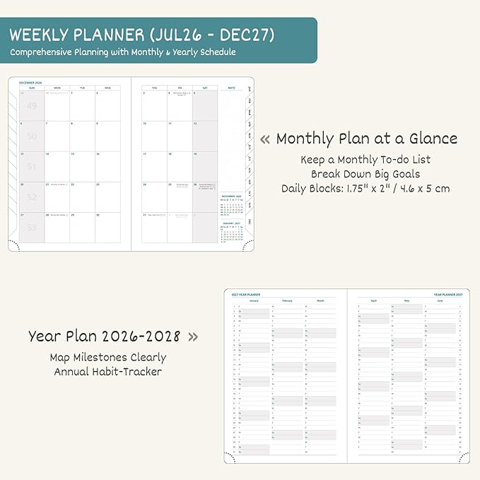 BEZEND Weekly Planner 2026-2027 (6" x 8.5") with Hourly Timeslots (Jul 26-Dec 27) 18 Months Academic Calendar & Monthly Tabs, Ideal for Students, Work & Home, PU Leather Hardcover -Red