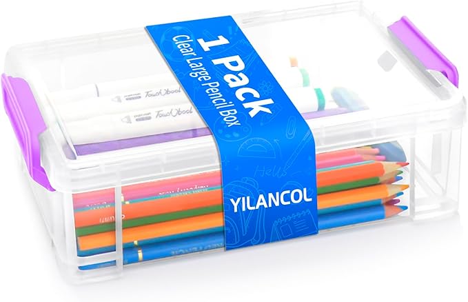 Large Plastic Clear Hart Pencil Box Case For Crayons, Markers, Art Supplies | Hard Pen Case Box With Secure Lid,Stackable Kids Boy Girls Storage Organizer Box For School Classroom Office,Purple
