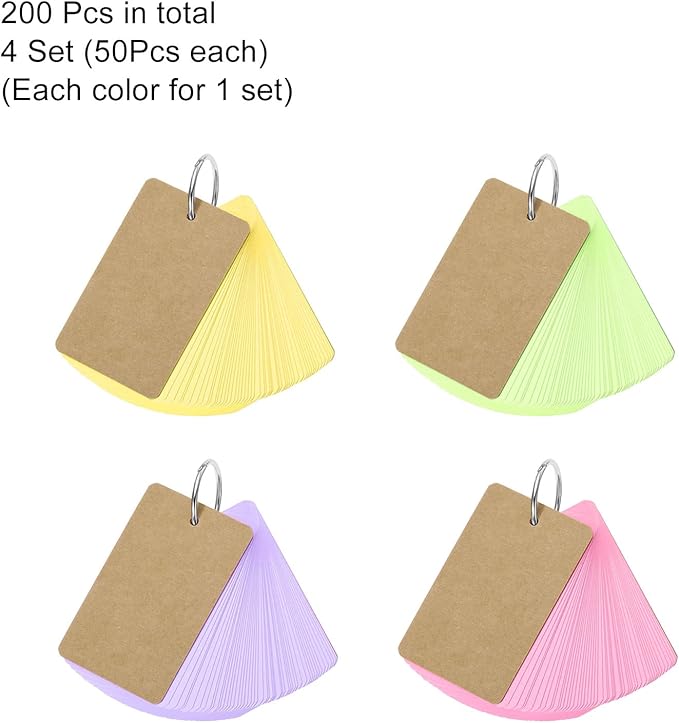 PATIKIL Blank Index Cards with Ring, 200Pcs Colored Blank Flash Card 3.5" x 2" Note Card Study Card for Memory Learning Studying Office Supplies, Assorted Colors
