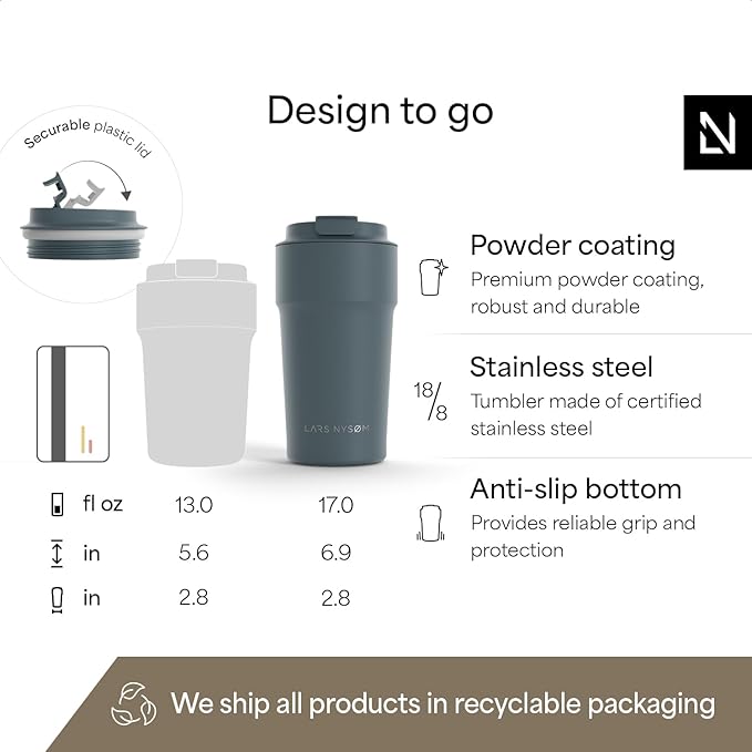 LARS NYSØM Thermo Coffee Mug to go 17oz | Travel Mug 0.5 Liter with Insulation | Silicone grip base | Leak Proof Stainless Steel Tumbler for Coffee and Tea on the Go (Powder Stone Blue, 17oz)