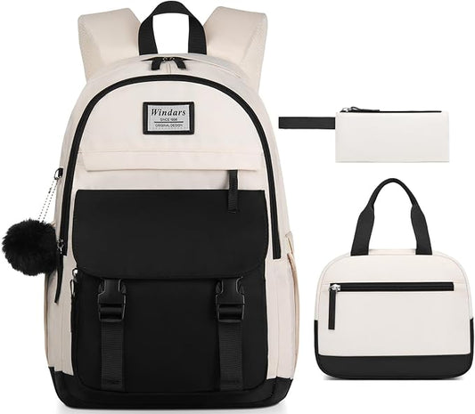WINDARS School Backpack with Lunch Box for Teen Girls, Cute College Backpacks for Women Students Aesthetic Bookbag Large 15.6 Inch Laptop Bag Middle School Travel Back Pack (Black Beige-3 Pcs)