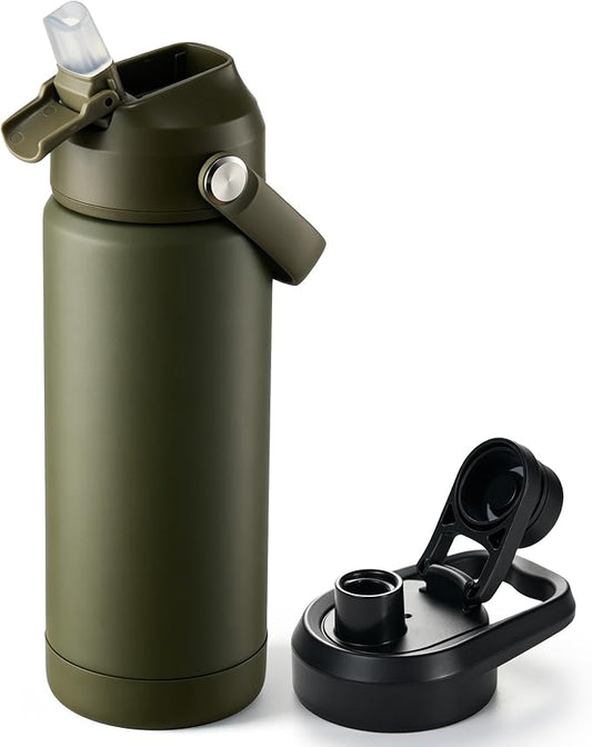 Fijinhom 18 oz Insulated Water Bottle with 2 Lids, Stainless Steel Water Bottles, Double Wall Vacuum, Portable Handle & Non-slip Bottom, BPA Free Leak Proof Metal Bottles, Keep Cold 24H, Green