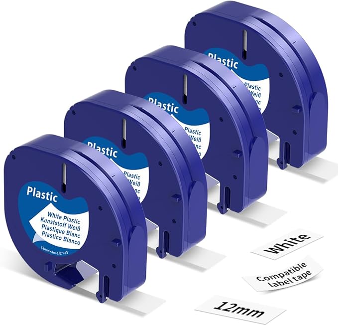 4-Pack 91331 Compatible with DYMO LetraTag Refills White Plastic Label Tape 12mm x 4m (1/2" x 13') Replacement for DYMO Label Maker Refills Black on White for Letra Tag 200B LT 100H 100T Plus