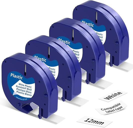 4-Pack 91331 Compatible with DYMO LetraTag Refills White Plastic Label Tape 12mm x 4m (1/2" x 13') Replacement for DYMO Label Maker Refills Black on White for Letra Tag 200B LT 100H 100T Plus