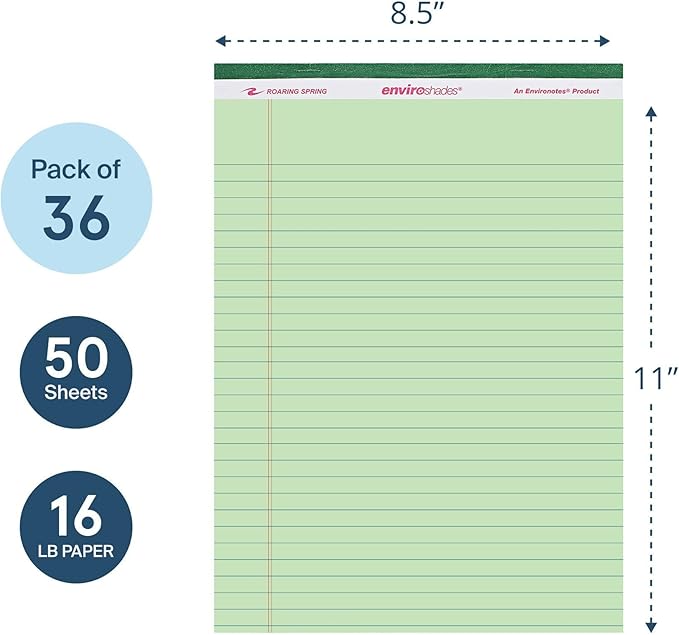 Roaring Spring Enviroshades Green Legal Pads, 36 Pack, Legal Ruled Recycled Colored Writing Note Pads, 8.5" x 11", 50 Sheets, Perforated Paper, Made in USA, Memo Pad For School & Office